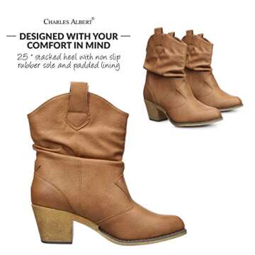 Charles Albert Modern Western Cowboy Boots for Women Ladies Stacked Heel Ankle Cowgirl Boots with Pull-Up Tabs in Congac Size 7