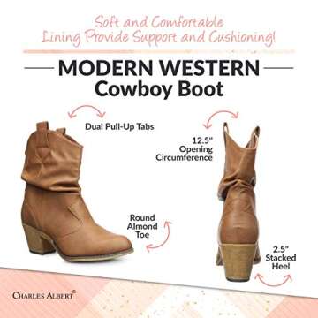 Charles Albert Modern Western Cowboy Boots for Women Ladies Stacked Heel Ankle Cowgirl Boots with Pull-Up Tabs in Congac Size 7