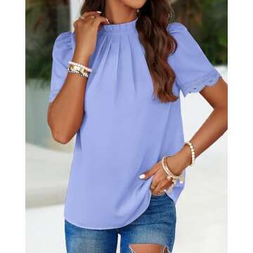 BTFBM Women's Dressy Casual Blouses Business Work Tops Lace Trim Short Sleeve Office Shirts 2025 Summer Spring Outfits(Solid Blue, X-Large)