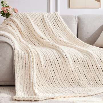 Negwoo Chunky Knit Throw Blanket, 50''*60'' Knitted Throw Chenille Blankets for Bed Couch, Handmade Cream Crochet Blanket Big Thick Blanket, Machine Washable Cute Comfy Blanket for Home Decor