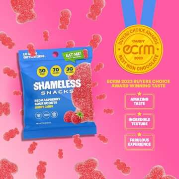 Shameless Snacks - Healthy Low Calorie Snacks, Low Carb Keto Gummies (Gluten Free Candy) - 6 Pack Red Raspberry Sour Scouts