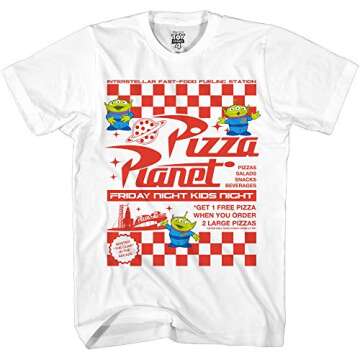 Disney Pixar Toy Story Pizza Planet Take Out Flyer Disneyland World Tee Funny Humor Men's Graphic T-Shirt(LG, White)