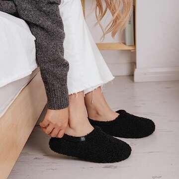 HomeTop Women's Fuzzy Curly Fur Memory Foam Loafer Slippers Bedroom House Shoes with Polar Fleece Lining (7-8, Black)