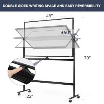 Dry Erase Whiteboard Easel on Wheels - TANKEE 48" x 32" Large Double Sided Mobile Whiteboard, Reversible Magnetic Rolling White Board for Home Office Classroom, Flip Chart Holders and Paper Pad