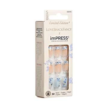 KISS LoveShackFancy x imPRESS Press-On Manicure Limited Edition, Style "Hydrangea Blue" Short Square Blue Press-On Nails, Includes Prep Pad, Mini Nail File, Cuticle Stick, & 30 Fake Nails