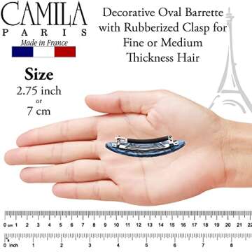 Camila Paris CP2984 French Hair Barrette Clip Handmade Oval Blue, Strong Hold Grip Hair Clips for Women, No Slip Rubberized Metal Closure, Durable Styling Girls Hair Accessories, Made in France