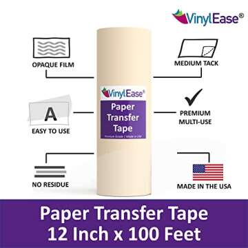 Vinyl Ease 12inch x 100 feet roll of Paper Transfer Tape with a Medium to High Tack Layflat Adhesive. Works with a Variety of Vinyl. Great for Decals, Signs, Wall Words and More. American Made V0821