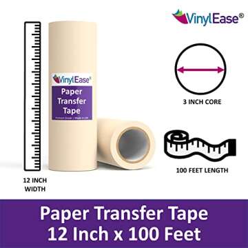 Vinyl Ease 12inch x 100 feet roll of Paper Transfer Tape with a Medium to High Tack Layflat Adhesive. Works with a Variety of Vinyl. Great for Decals, Signs, Wall Words and More. American Made V0821