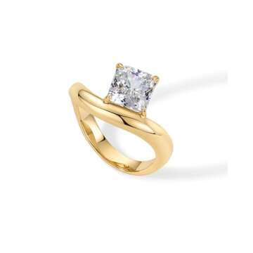 PAVOI 14K Yellow Gold Plated Premium Cubic Zirconia Square Solitaire Engagement Ring for Women | Unique Wavy Band Promise Ring | Fake Wedding Ring - Size 7