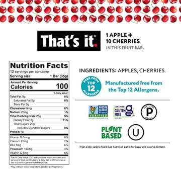 That's it. Apple + Cherry 100% Natural Real Fruit Bar, Best High Fiber Vegan, Gluten Free Healthy Snack, Paleo for Children & Adults, Non GMO No Sugar Added, No Preservatives Energy Food (12 Pack)