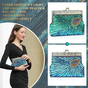 UBORSE Beaded Sequin Peacock Evening Clutch Bags Vintage Evening Bag1920s Party Wedding Purse