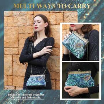 UBORSE Beaded Sequin Peacock Evening Clutch Bags Vintage Evening Bag1920s Party Wedding Purse