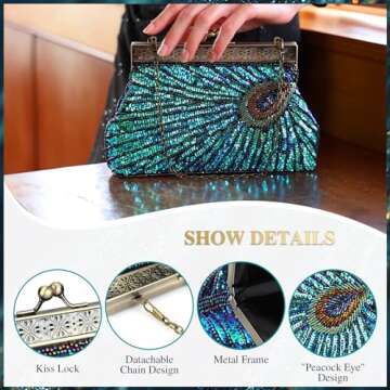 UBORSE Beaded Sequin Peacock Evening Clutch Bags Vintage Evening Bag1920s Party Wedding Purse