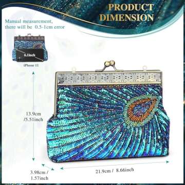 UBORSE Beaded Sequin Peacock Evening Clutch Bags Vintage Evening Bag1920s Party Wedding Purse