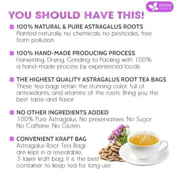 FreshDrinkUS, Premium 75 Astragalus Root Tea Bags, 100% Natural & Pure from Astragalus Root. Astragalus Root Herbal Tea. Made with Natural Material Tea Bags. No Sugar, No Caffeine, No Gluten, Vegan.