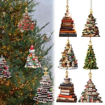 Open Box Deals Clearance Christmas Tree Hanging Tree Shape Bookshelf Pendant, Christmas Hanging Ornaments Decorations, Books Stacked Ornament Christmas Books Acrylic Ornaments New Years Decorations