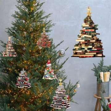 Open Box Deals Clearance Christmas Tree Hanging Tree Shape Bookshelf Pendant, Christmas Hanging Ornaments Decorations, Books Stacked Ornament Christmas Books Acrylic Ornaments New Years Decorations