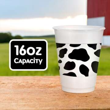 Western Printed Plastic Cups - 16 oz. (Pack of 25) - Stylish Black & White Cowboy Theme Party Cups, Ideal for BBQs, Themed Parties & Events