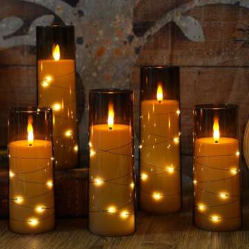 Flameless Candles with Embedded Star String, Battery Operated LED Pillar Candles with Timer and Remote Control,Home Decorating for Ambiance， Set of 7 (D 2.3"×H 5" 5" 6" 6" 7" 7" 7")(Grey)