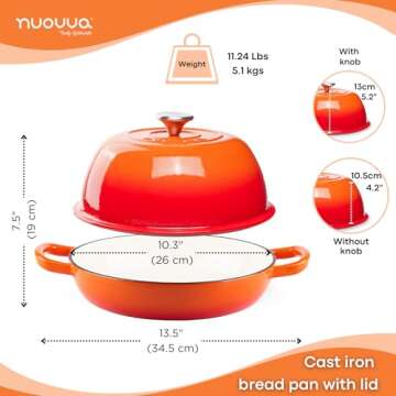 Enamelled Cast Iron Dutch Oven Pot – Dutch Oven For Sourdough Bread Baking – Cast Iron Bread Pot – Orange, 6 Quarts, 22cm – by Nuovva