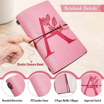 JEWPHX Personalized Journal Gift-Pink Initial Leather Journal+Heart Diamond Pen Set,Travel Notebook Diary Gifts,Refillable Notepads,Christmas,Birthday Gifts for Women Girls (7.9"x4.7") (A)