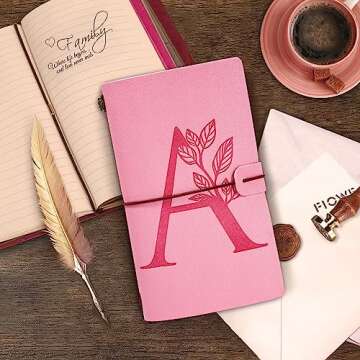 JEWPHX Personalized Journal Gift-Pink Initial Leather Journal+Heart Diamond Pen Set,Travel Notebook Diary Gifts,Refillable Notepads,Christmas,Birthday Gifts for Women Girls (7.9"x4.7") (A)