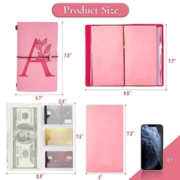 JEWPHX Personalized Journal Gift-Pink Initial Leather Journal+Heart Diamond Pen Set,Travel Notebook Diary Gifts,Refillable Notepads,Christmas,Birthday Gifts for Women Girls (7.9"x4.7") (A)