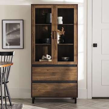 Walker Edison Furniture Company Glass Door Storage Hutch, 68 Inch, Dark Walnut