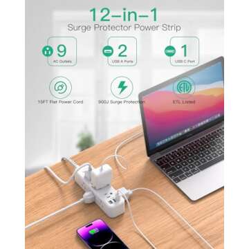 Extension Cord 15 ft, Surge Protector Power Strip, Long Extension Cord with 9 Outlets 3 USB Ports, Extension Cord with Multiple Outlets, USB Power Strip for Home, Office, Dorm Room Essentials, College