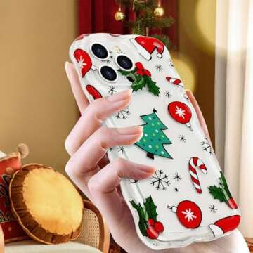 L-FADNUT Christmas Phone Case For iPhone 15 Pro Max Cute Curly Wavy Merry Christmas Pattern Case Clear Santa Snowman Elk Cover For Girls Kids Women Slim Protective Case For iPhone 15 Pro Max,Christmas