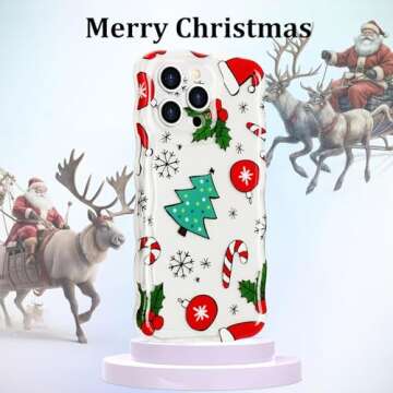 L-FADNUT Christmas Phone Case For iPhone 15 Pro Max Cute Curly Wavy Merry Christmas Pattern Case Clear Santa Snowman Elk Cover For Girls Kids Women Slim Protective Case For iPhone 15 Pro Max,Christmas