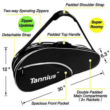 Tannius 3-5 Racket Tennis Bag, with Shoe & Phone Compartment and Protective Pad, Super Roomy and Lightweight Racquet Bag for Tennis, Badminton (Black)