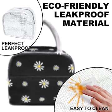 Sonuimy Insulated Lunch Bag Women, Reusable Cute Tote Lunch Box for Adult & Men, Leakproof Cooler Lunch Bags for Work Office Travel Picnic (Black with White Daisy)