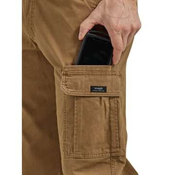 Wrangler Authentics Men's Relaxed Fit Stretch Cargo Pant, Kangaroo, 34W x 32L