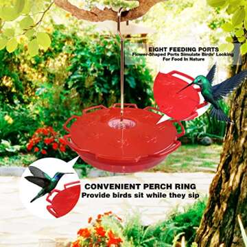 BIRD WISH Hummingbirds Feeder, Leak Proof Hanging with 8 Bird Feeder Ports and Convenient Perch Ring Bird Feeder for Outdoor Garden Window Patio