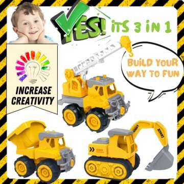 Construction Trucks Take Apart Toys for Kids Age 3-5 Toddlers Set of 3 Vehicles Excavator, Crane, Dump Truck Toy with Screwdriver and Drill Stem Educational Birthday Gift for 2 3 4 5 Year Old Boys