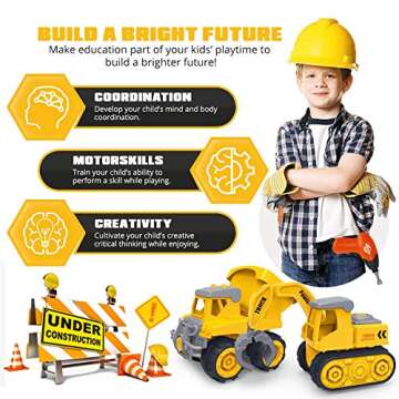 Construction Trucks Take Apart Toys for Kids Age 3-5 Toddlers Set of 3 Vehicles Excavator, Crane, Dump Truck Toy with Screwdriver and Drill Stem Educational Birthday Gift for 2 3 4 5 Year Old Boys