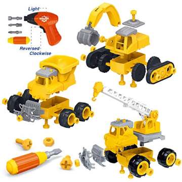 Construction Trucks Take Apart Toys for Kids Age 3-5 Toddlers Set of 3 Vehicles Excavator, Crane, Dump Truck Toy with Screwdriver and Drill Stem Educational Birthday Gift for 2 3 4 5 Year Old Boys