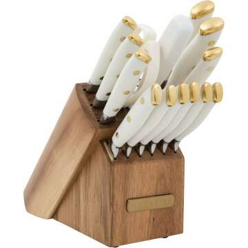 Sabatier Forged Triple Rivet Knife Block Set, 15-Piece, Razor Sharp Kitchen Knife Set with White and Gold Accented Knives, Acacia Block