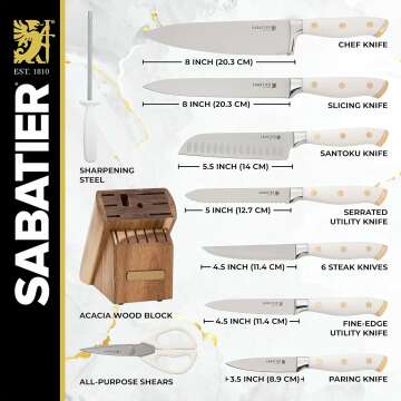 Sabatier Forged Triple Rivet Knife Block Set, 15-Piece, Razor Sharp Kitchen Knife Set with White and Gold Accented Knives, Acacia Block