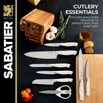 Sabatier Forged Triple Rivet Knife Block Set, 15-Piece, Razor Sharp Kitchen Knife Set with White and Gold Accented Knives, Acacia Block