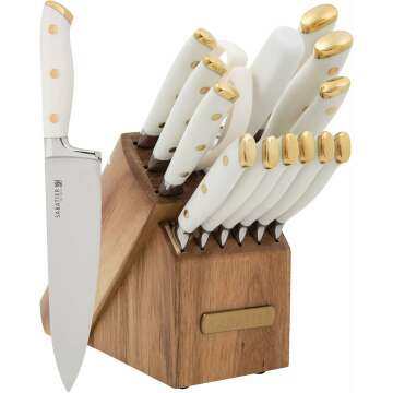 Sabatier Forged Triple Rivet Knife Block Set, 15-Piece, Razor Sharp Kitchen Knife Set with White and Gold Accented Knives, Acacia Block