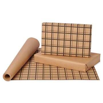 American Greetings Reversible Brown Wrapping Paper for Graduation, Birthdays and All Occasions, Kraft Paper and Plaid (1 Jumbo Roll, 175 sq. ft.)