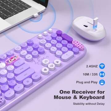 MOFII Wireless Keyboard and Mouse Combo, Full Size 2.4G Plug and Play Typewriter Retro Round Computer Keyboard and Mouse Set for Windows, Computer, Desktop, PC, Notebook - (Purple Colorful)