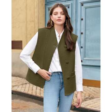 Womens Vest 2024 Fall Fashion Casual Button Down Sleeveless Solid Color Jacket Vest Top with Pockets Military Green XL