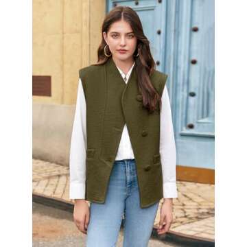 Womens Vest 2024 Fall Fashion Casual Button Down Sleeveless Solid Color Jacket Vest Top with Pockets Military Green XL