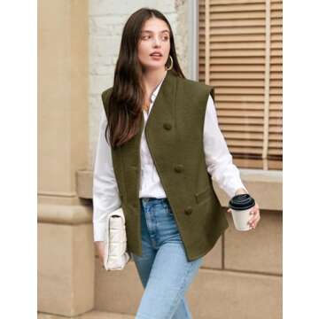 Womens Vest 2024 Fall Fashion Casual Button Down Sleeveless Solid Color Jacket Vest Top with Pockets Military Green XL