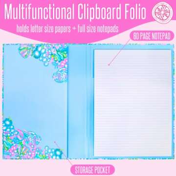 Lilly Pulitzer Blue Clipboard Folio with 60 Page Lined Notepad and Interior Storage Pocket, Aqua La Vista