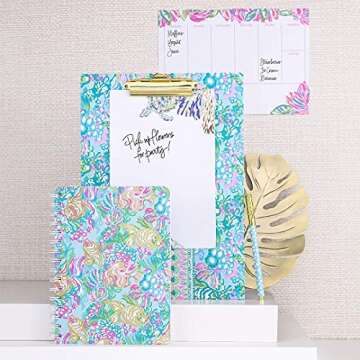 Lilly Pulitzer Blue Clipboard Folio with 60 Page Lined Notepad and Interior Storage Pocket, Aqua La Vista