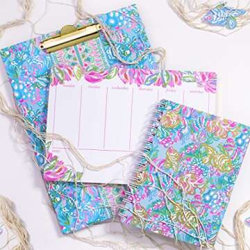 Lilly Pulitzer Blue Clipboard Folio with 60 Page Lined Notepad and Interior Storage Pocket, Aqua La Vista